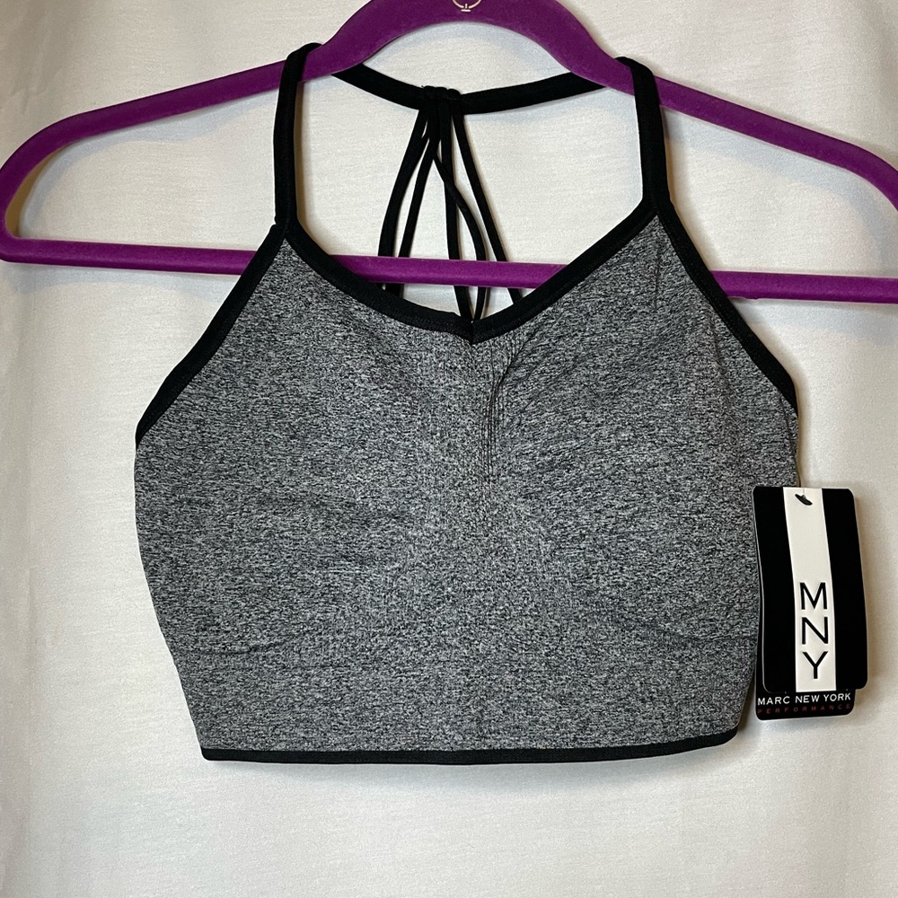 NWT Andrew Marc NY Heather Gray Sports Bra w/ Black Criss Cross Back Size L